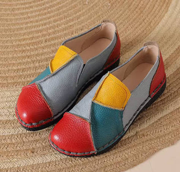 Vintage Patchwork Genuine Top Leather Round Toe Soft Sole Flat Slip-on