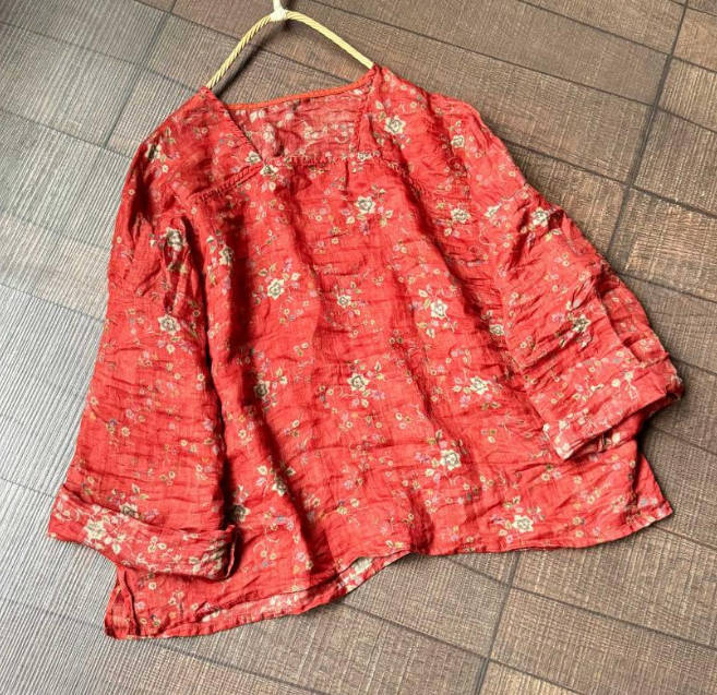 Vintage Casual Loose Ramie Digital Print Square Neck Top