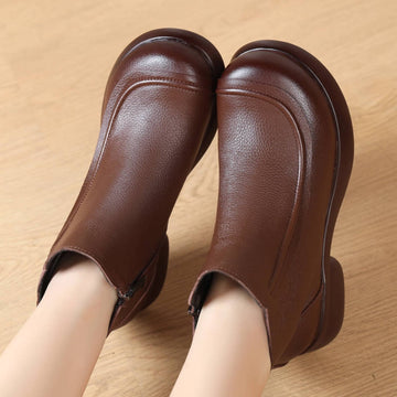 Top Leather Round Toe Soft Sole No-Slip Ankle Boots