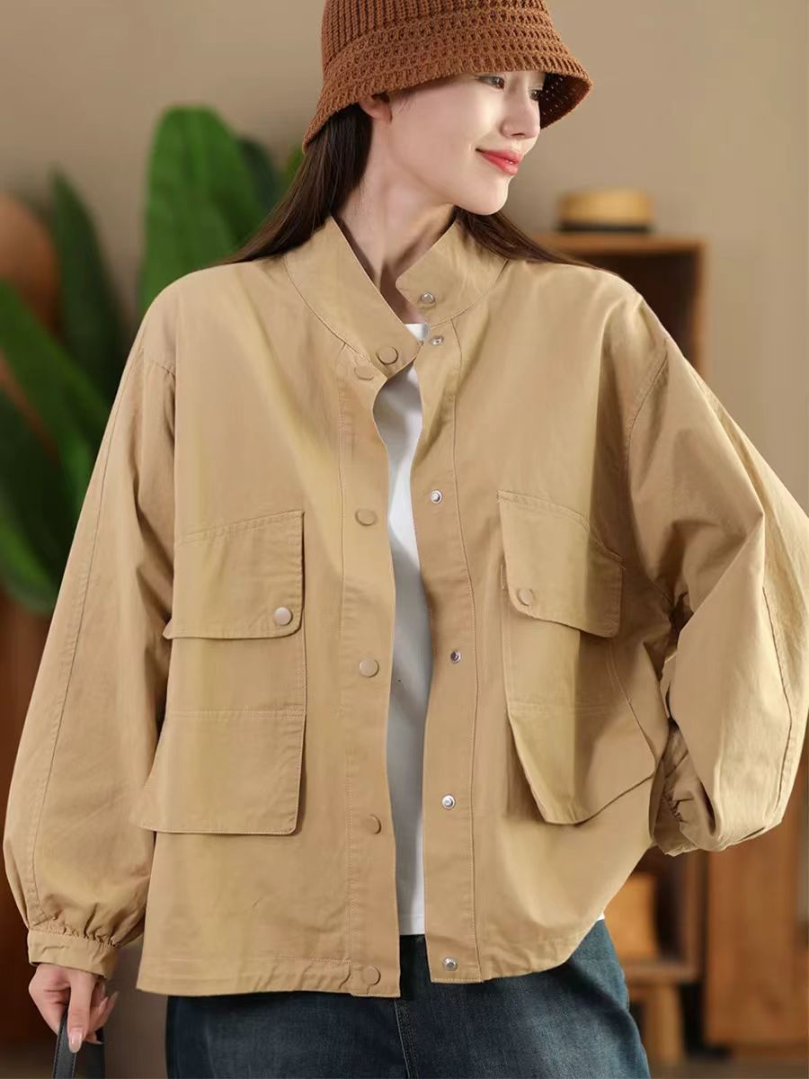 Vintage Cotton Casual Stand Collar Plus Pocket Loose Jacket