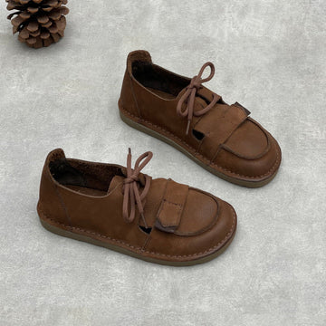 Casual Leather Versartile Velcro Cut Out Lace-Up Soft Sole Flats