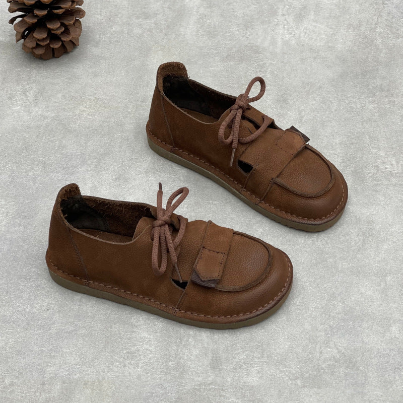 Casual Leather Versartile Velcro Cut Out Lace-Up Soft Sole Flats