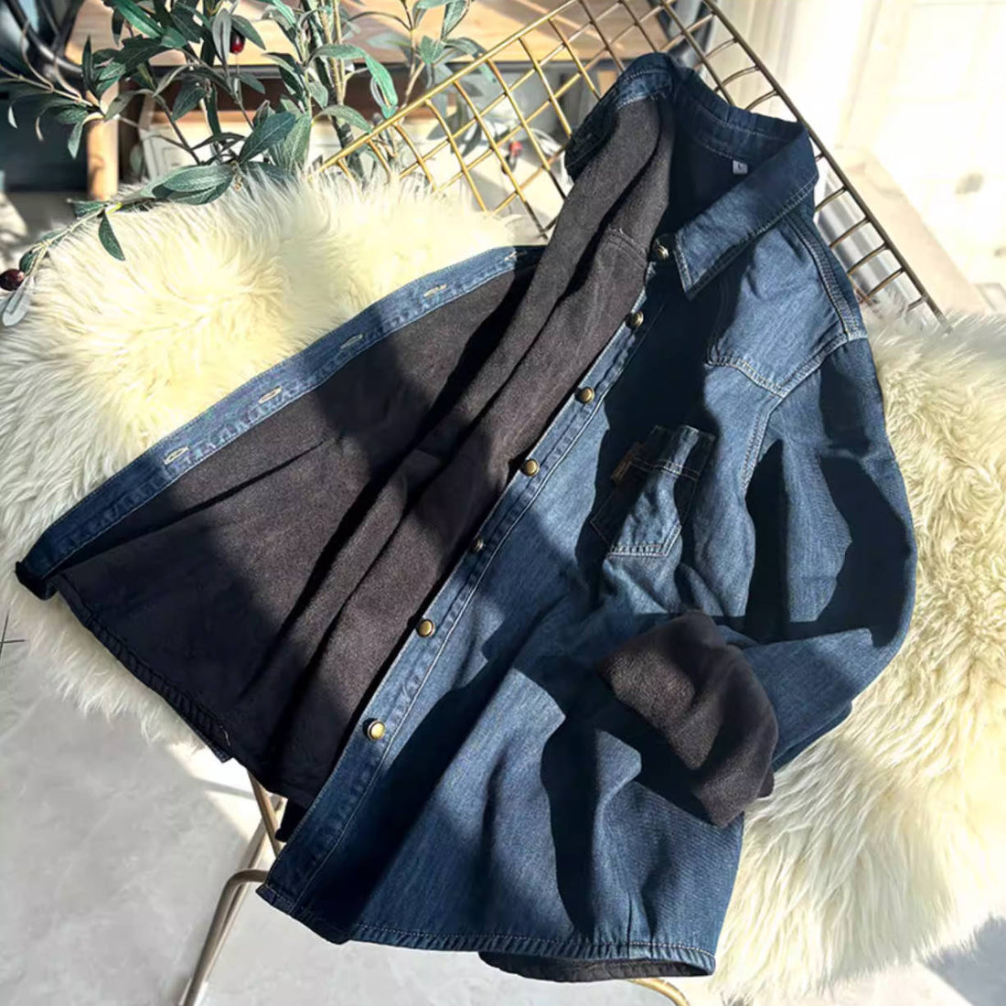 Retro Denim Warm Plush Loose Slim Casual Versatile Shirt Coat