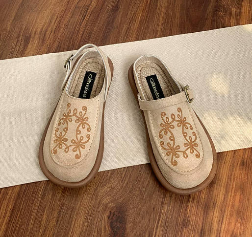Retro Women Flower Open-Back Mule Sandals Slip-On