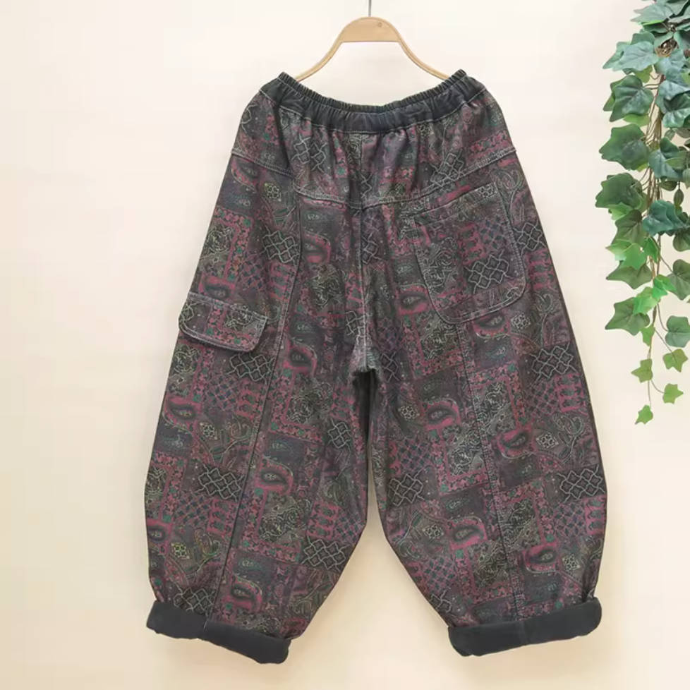 Vintage Demin Printed Elastic Waist Warm Plush Wide Legs Harem Pants