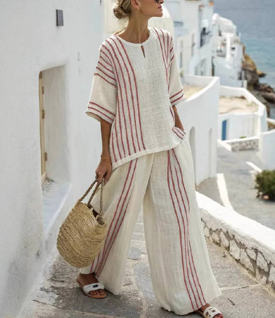 Spring Loose Round Neck Stripe Print Wide Leg Pants Set