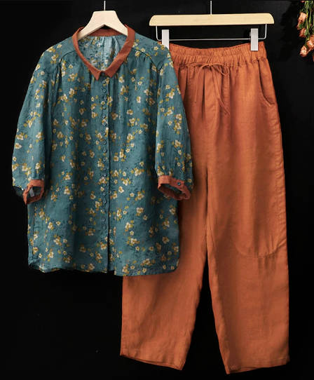 Retro Floral Print Linen-Cotton Turn-Down Collar Short-Sleeve Shirt Cropped Harem Pants Set