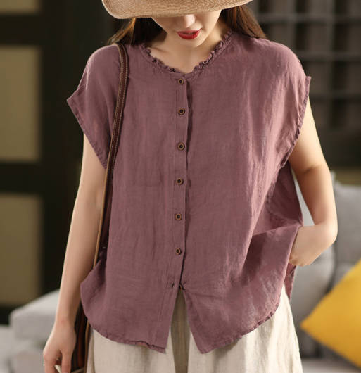 Summer Retro Sleeveless Ruffle Loose Fit Cotton Linen Top
