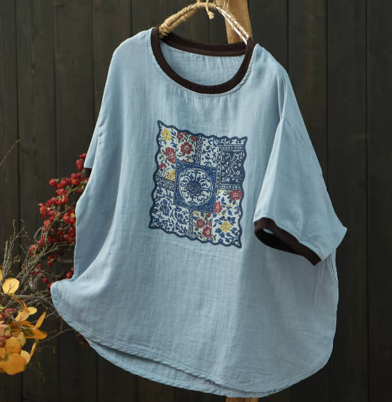 Summer Women Floral Print Casual Loose Cotton Gauze T-Shirt