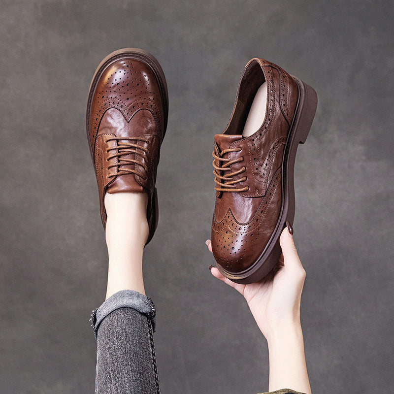 Spring Retro Leather Hallow Breathable  Slim Soft Sole Slip-On Flat Shoes