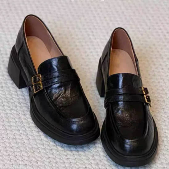 Retro Sheep Leather Buckle Strap Chunky Heel Loafers Slip-on