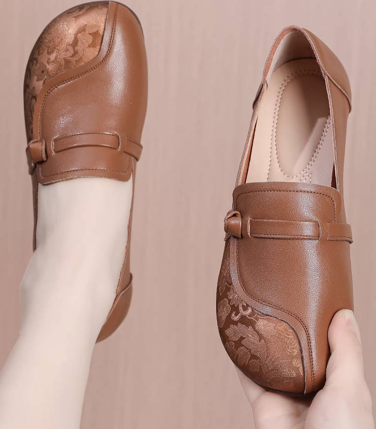 Retro Leather Patchwork Round Toe Shallow Soft Soe Everyday Flats
