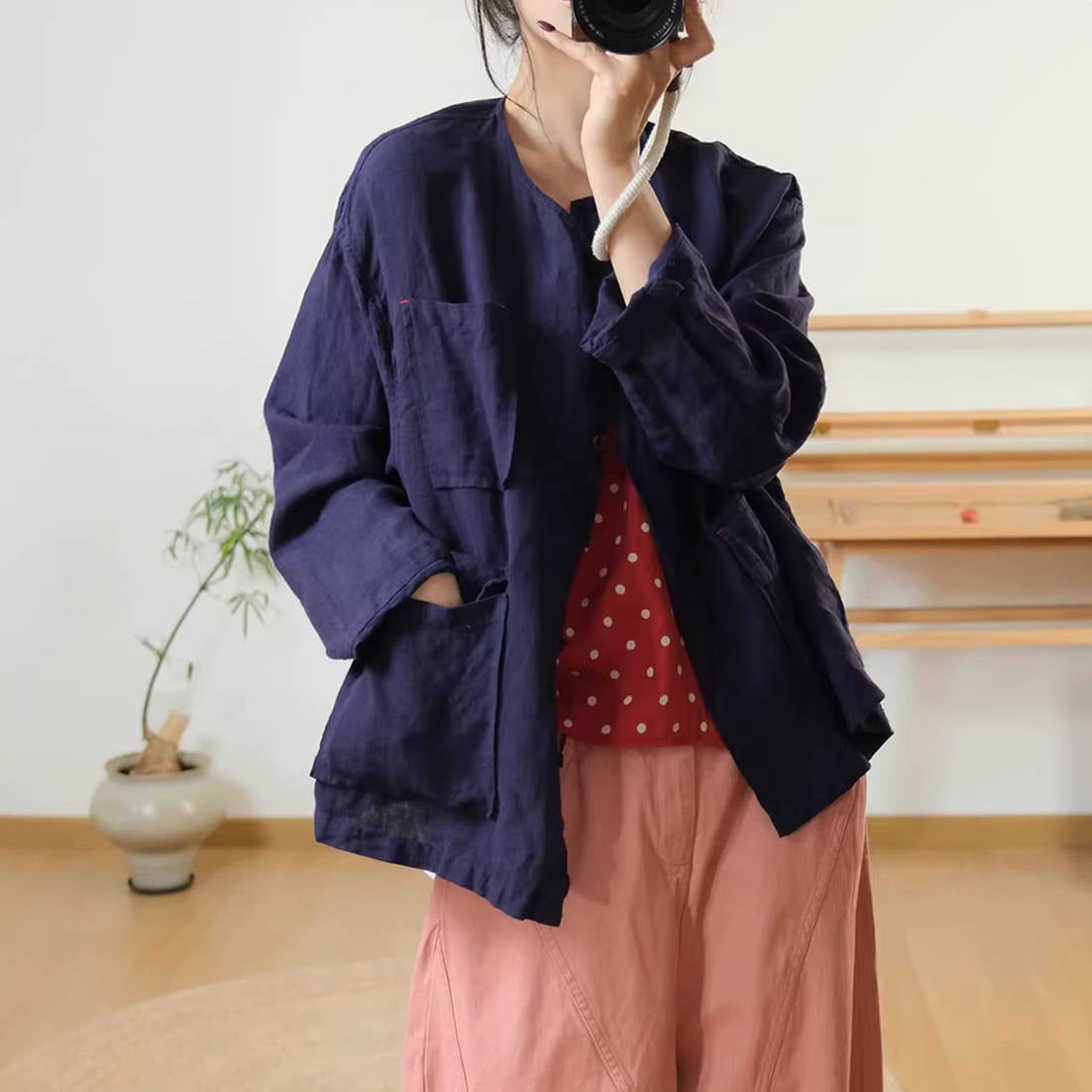 Retro Linen Solid Color Round Neck Thin Pocket Loose Shirt