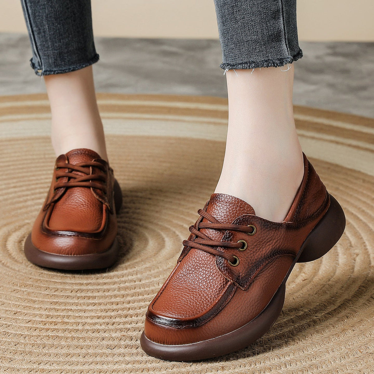 Spring Leather Retro Round Toe Soft Flat Sole Comfy Versatile Shoes