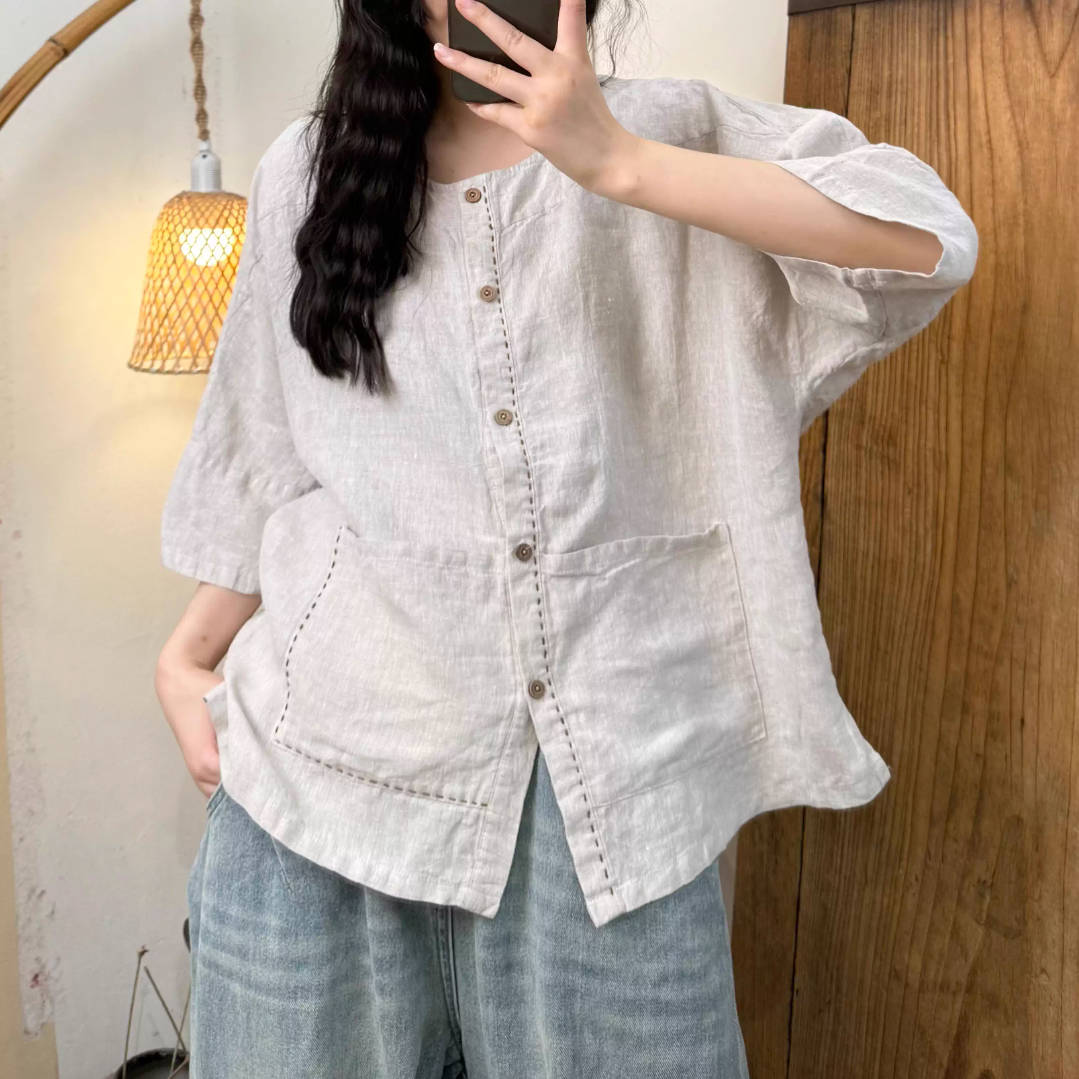 Spring Casual Linen Round Neck Single-Breasted Half Sleeves Tops