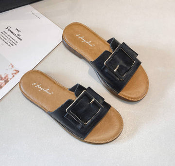 Summer Versatile Women Open Toe Genuine Leather Soft Slide Sandals