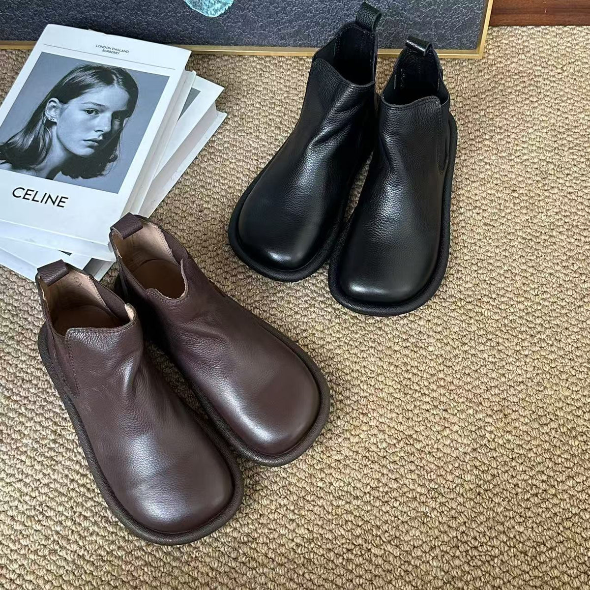 Genuine Leather Wide Round Toe Soft Sole Slip-On Boots