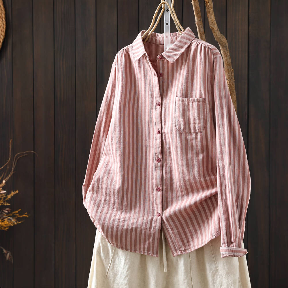 Autumn Cotton Retro Simple Striped Versatile Casual Shirt