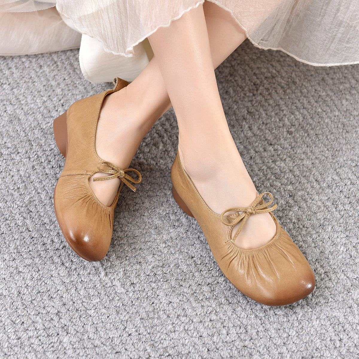 Spring Leather Round Toe Shallow Bow Slip-On Chunky Shoes