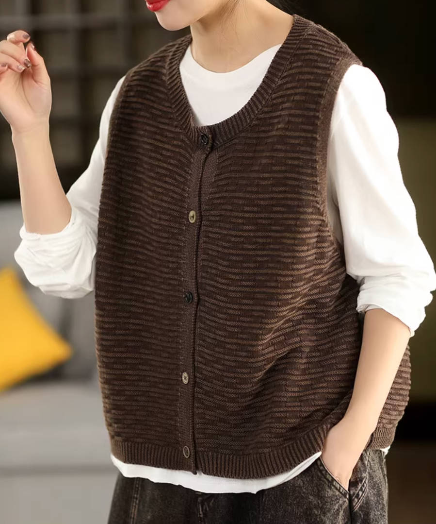 Vintage Cotton Knitted Round Neck Single-Breasted Sleeveless Vest