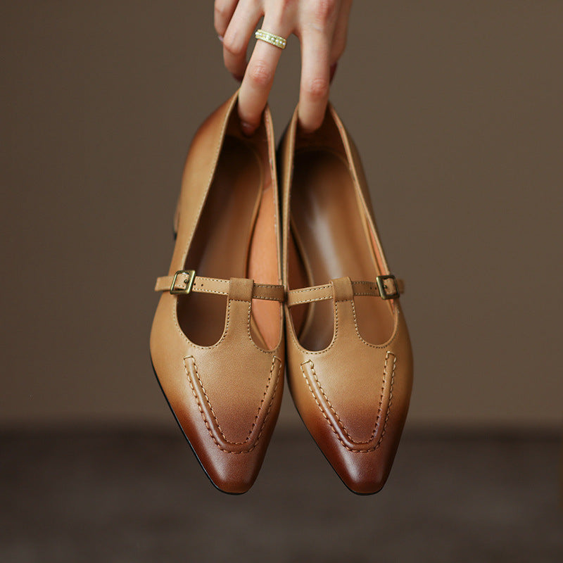 Elegant Leather Pointed Toe One Straped Chunky Shoes