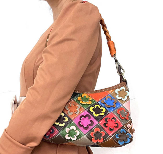 Leather Patchwork Flower Diamond Pattern Color-Block Casual Crossbody Handbag