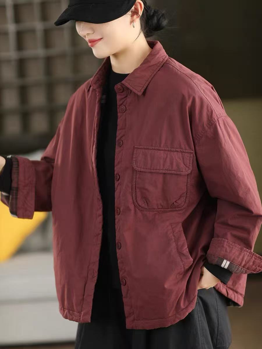 Winter Casual Cotton Solid Color Cotton-In Warm Thick Shirt Coat