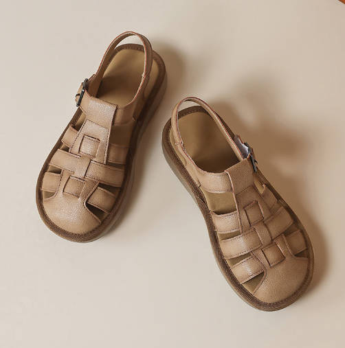 Retro Women Soft Leather Closed Toe Woven Roman Sandals Flats