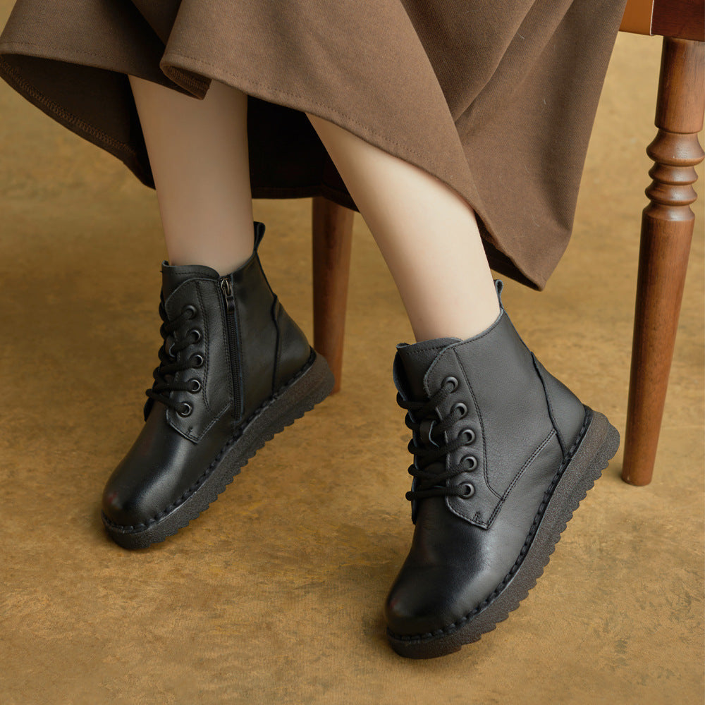 Autumn Top Leather Retro Round Toe Soft Flat Sole Zipper Ankle Boots