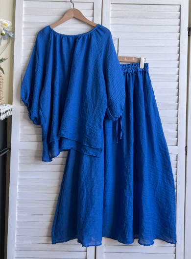 Casual Solid Color Lightweight Cotton Voile Crew Neck Top Loose Skirt Top Set