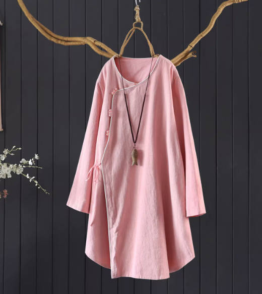 Casual Solid Color Cotton & Ramie Belt Long Sleeve Round Neck Top