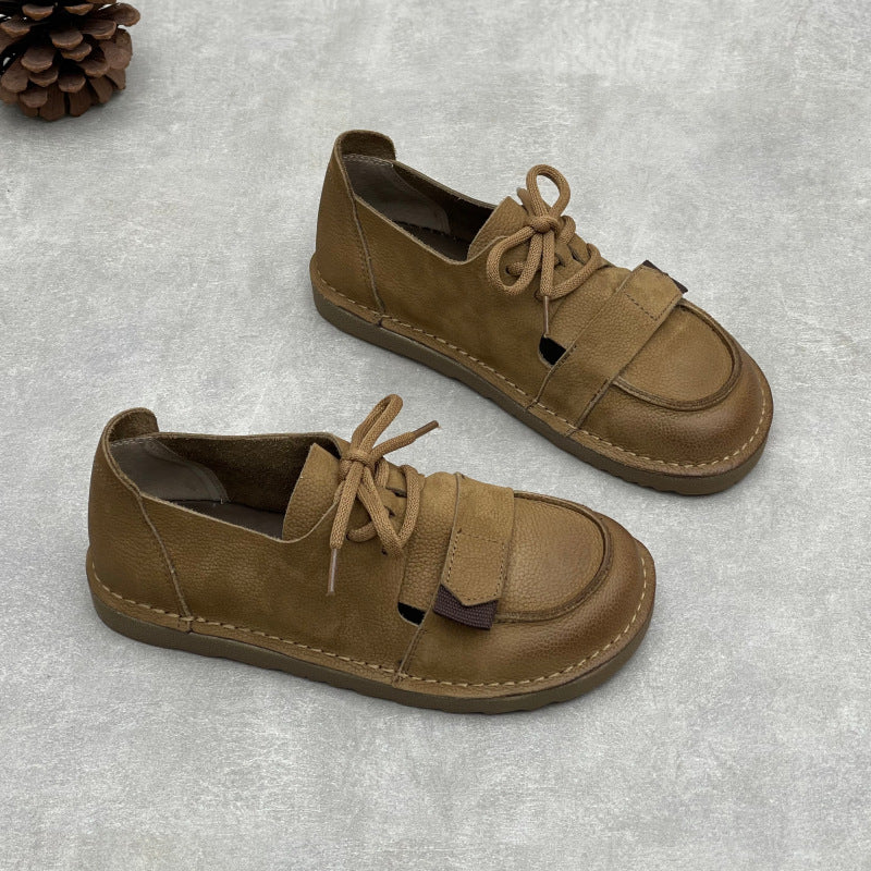 Casual Leather Versartile Velcro Cut Out Lace-Up Soft Sole Flats