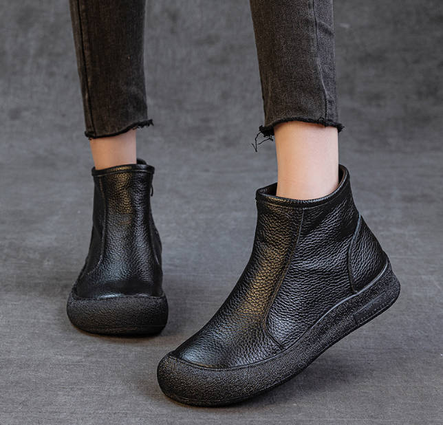 Women Vintage Top Grain Leather Round Toe Flat Soft Sole