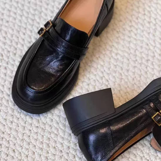 Retro Sheep Leather Buckle Strap Chunky Heel Loafers Slip-on