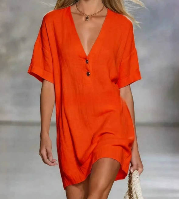 Women Loose Casual Cotton Linen V-Neck Short Sleeves Dress