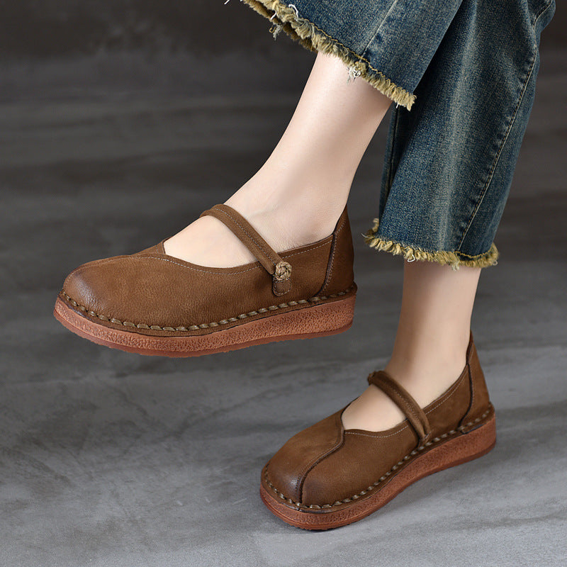 Retro Leather Thick Flat Soft Sole One Straped Casual Sandals
