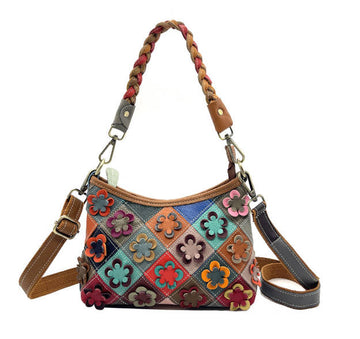 Leather Patchwork Flower Diamond Pattern Color-Block Casual Crossbody Handbag