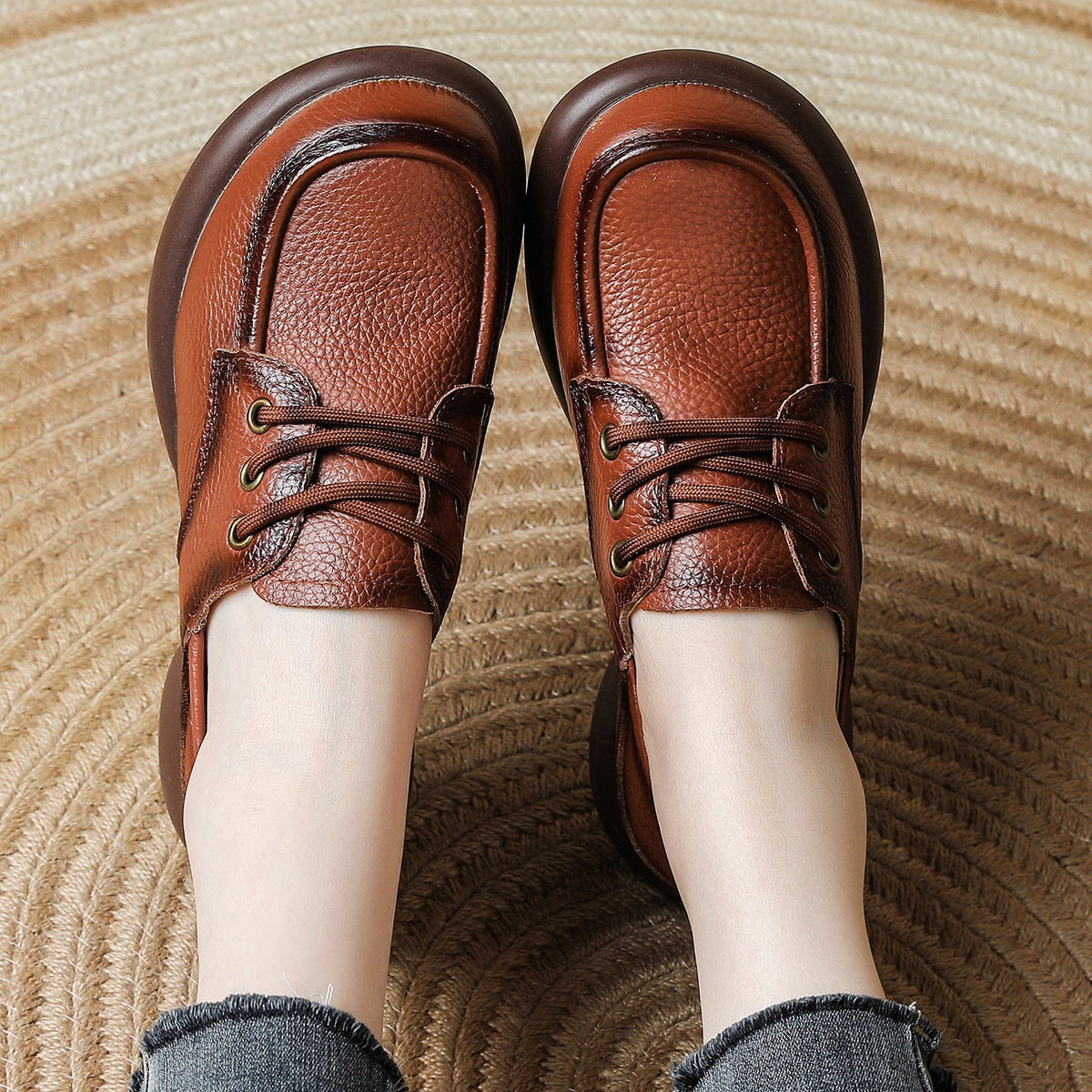 Spring Leather Retro Round Toe Soft Flat Sole Comfy Versatile Shoes