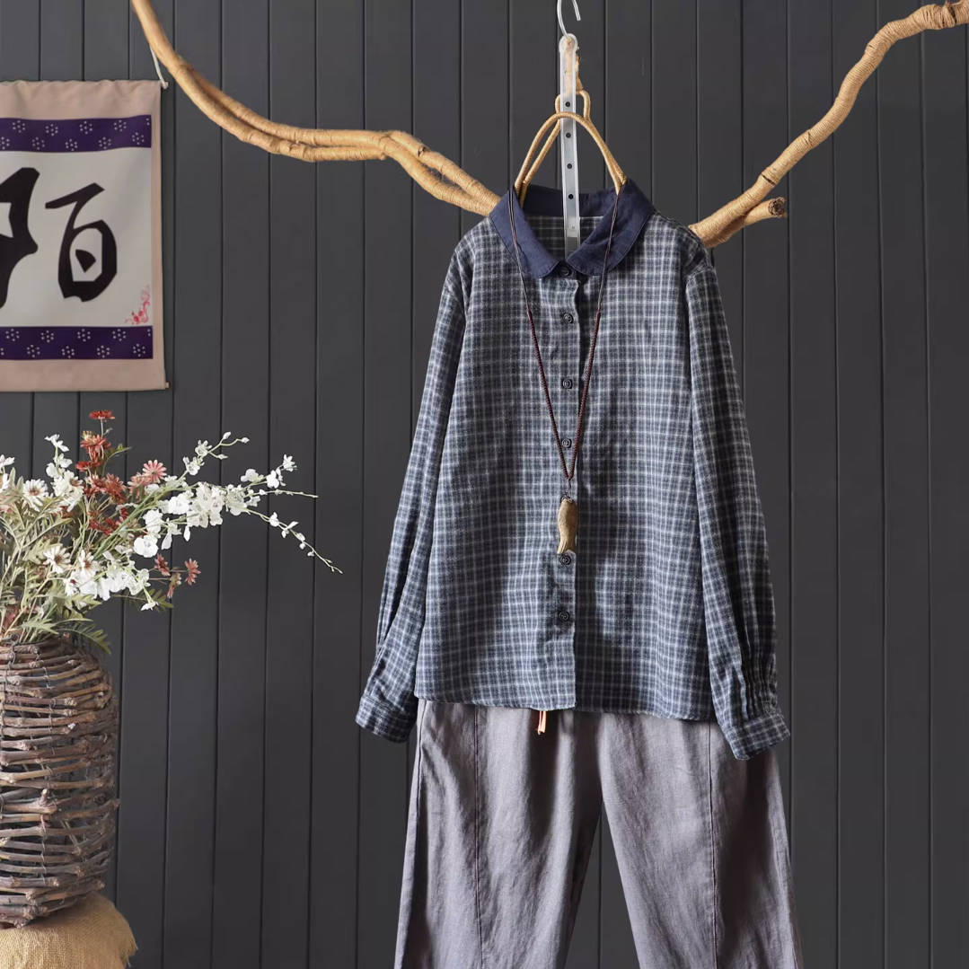 Spring Classic Cotton Versatile Patchwork Plaid Slim Shirt
