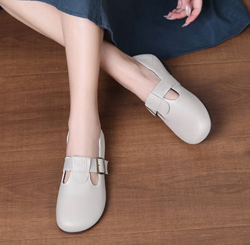 Spring Retro Soft Sole Leather Round Toe Buckle Birkenstock-style Flats