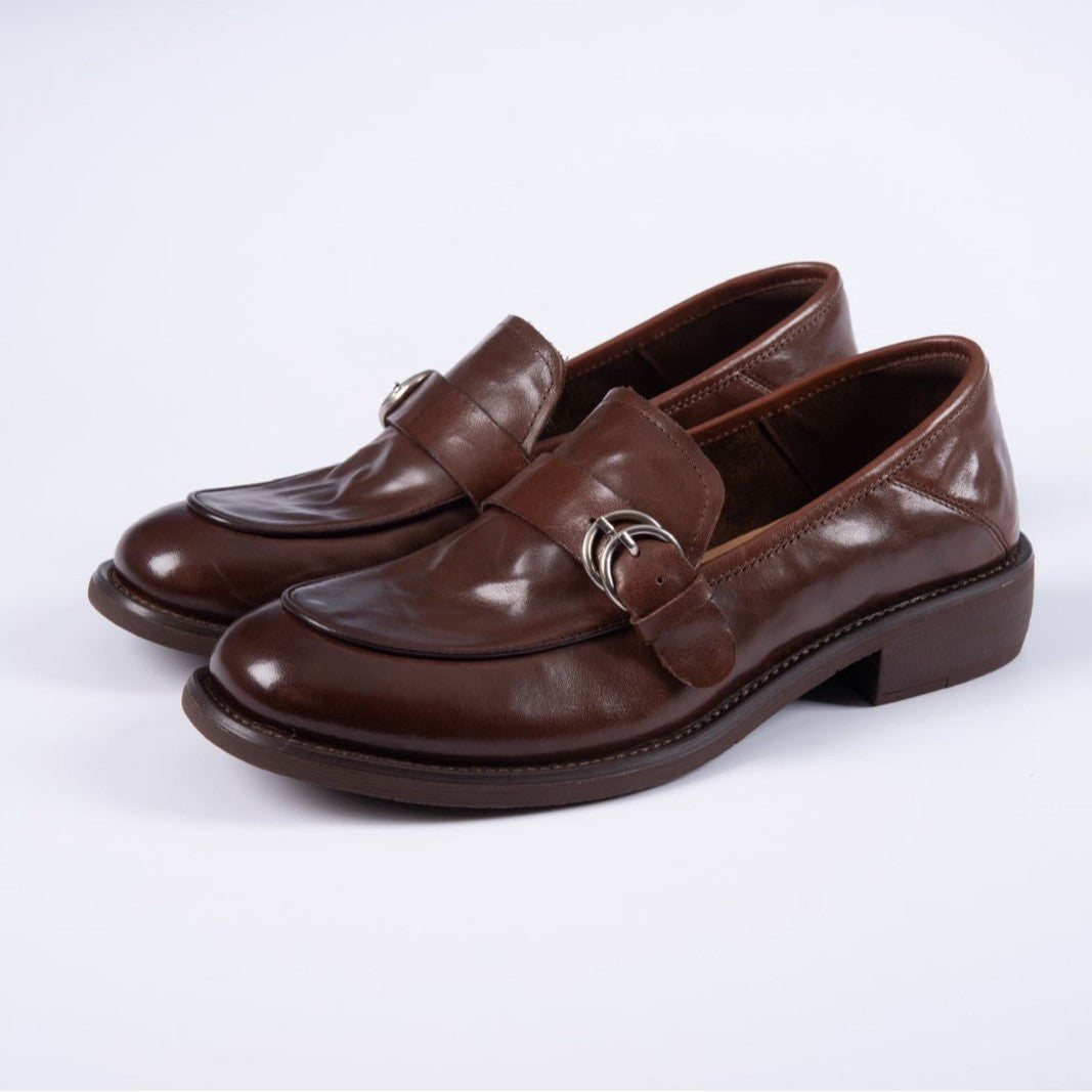 Retro Top Leather Soft  Sole Shallow Loafer Chunky Shoes