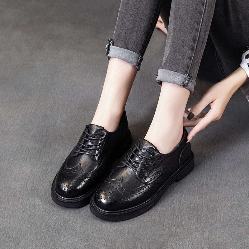 Spring Retro Leather Hallow Breathable  Slim Soft Sole Slip-On Flat Shoes