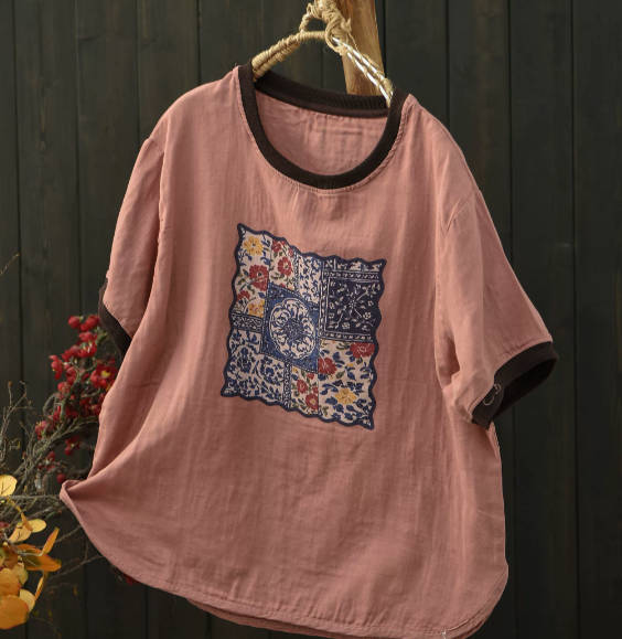 Summer Women Floral Print Casual Loose Cotton Gauze T-Shirt