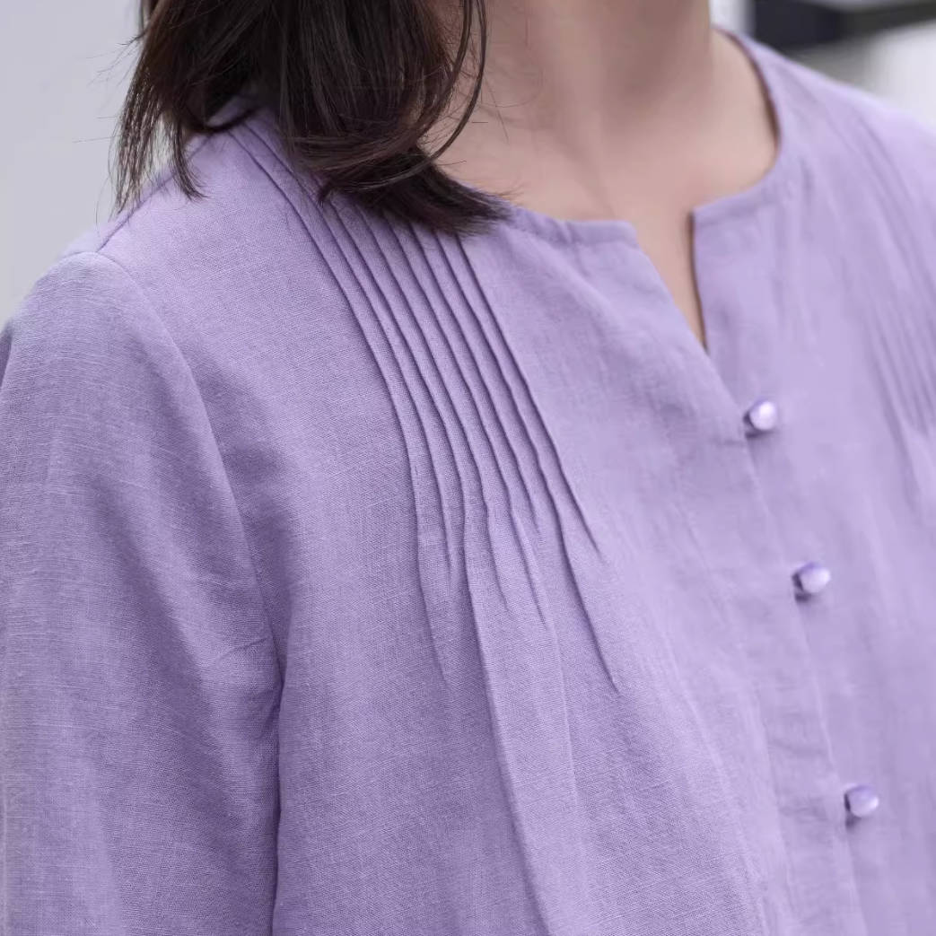Summer Retro Ramie Round Neck Accordion Pleats Loose Shirt