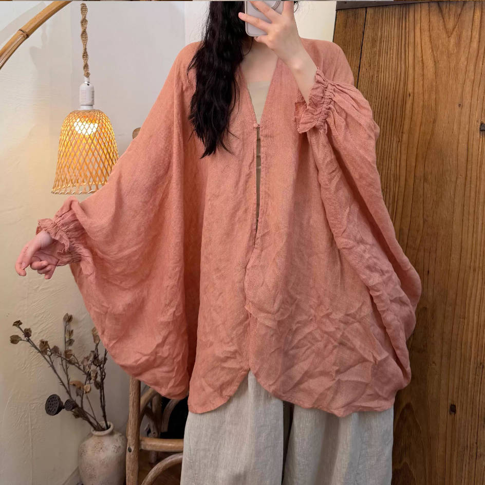 Vintage Linen V-Neck Loose Wide Sleeves Thin Breathable Tops