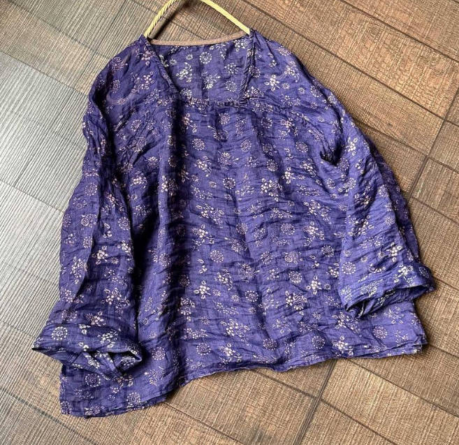 Vintage Casual Loose Ramie Digital Print Square Neck Top
