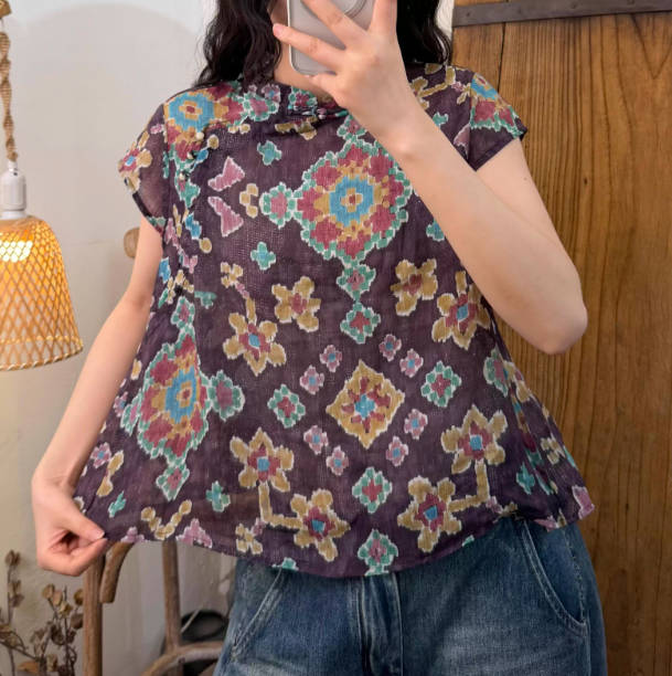 Spring Floral Ramie Stand-Collar Casual Buttoned Short Sleeves Top