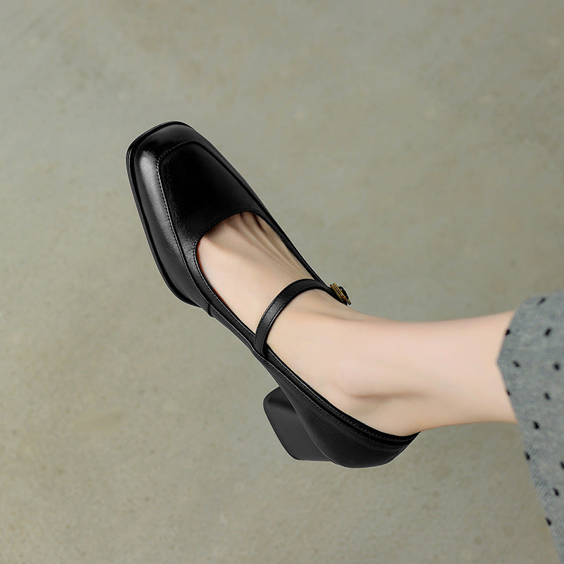 Genuine Leather High Quality Square Toe One Straped Chunky Sandals