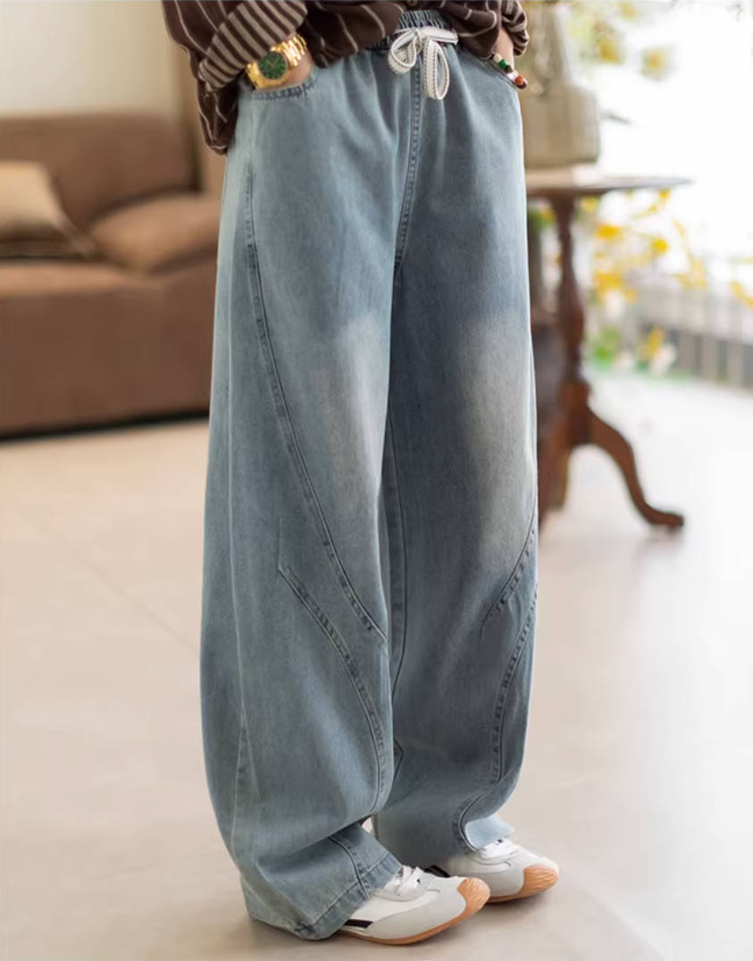 Denim Spring Retro Elastic Waist Casual Everyday Long Loose Jeans