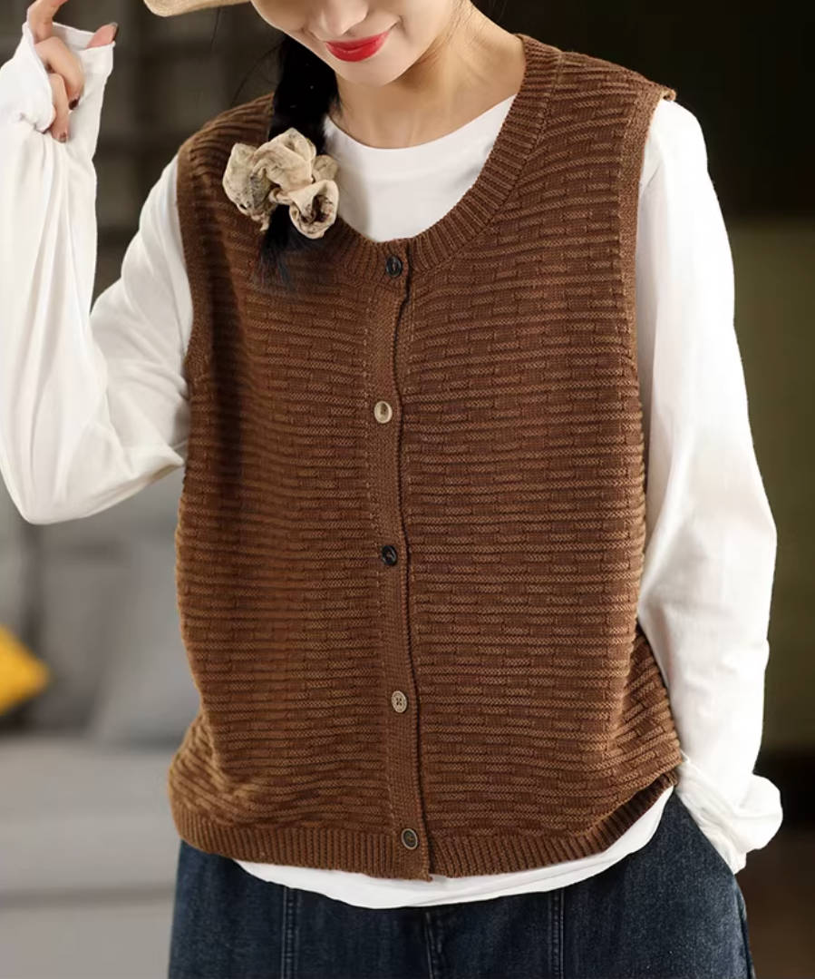 Vintage Cotton Knitted Round Neck Single-Breasted Sleeveless Vest